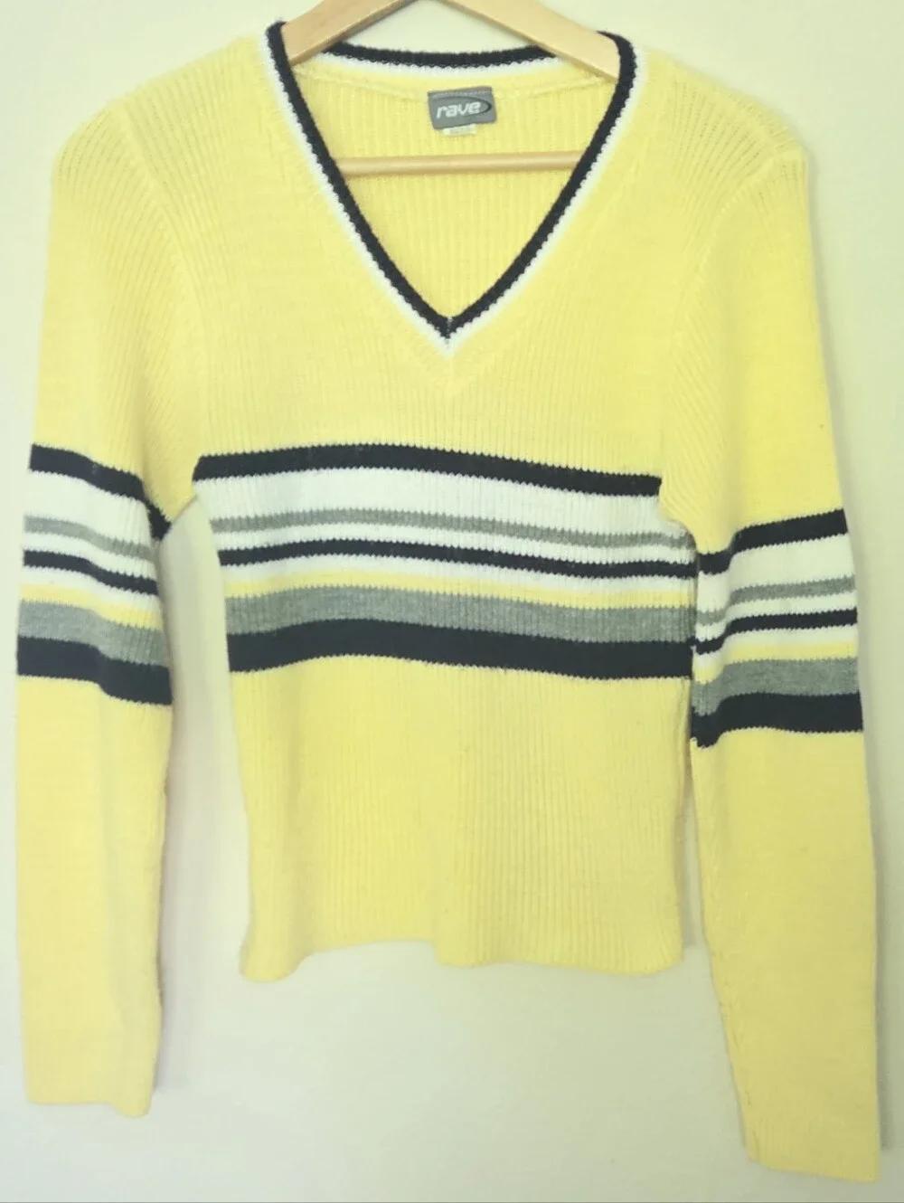 Y2K Rave Vintage Yellow VNeck  Stripe Knit LS Sweater